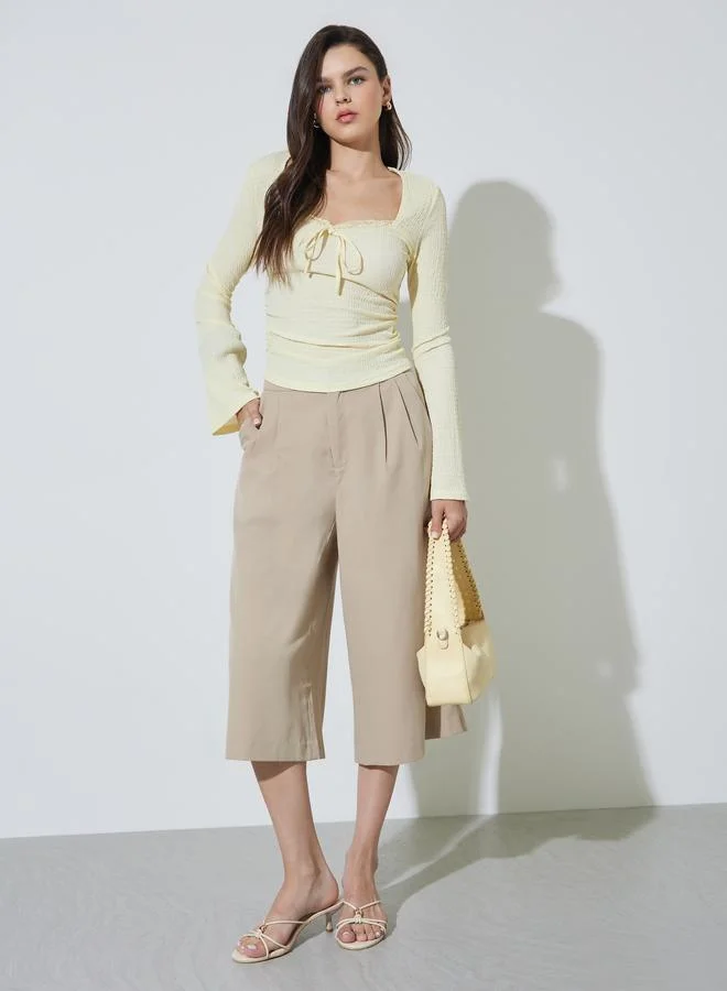 تايك تو Yellow Long Sleeve Shirred Tie-Front Top