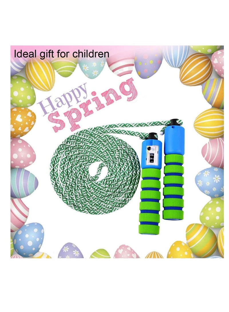 KASTWAVE Skipping Rope for Children, Jump Rope Kids Adjustable with Counter and Comfortable Anti Slip Handles Gifts for Boys and Girls for Outdoor beginners students (Cotton Rope Green with Blue) - Image 2