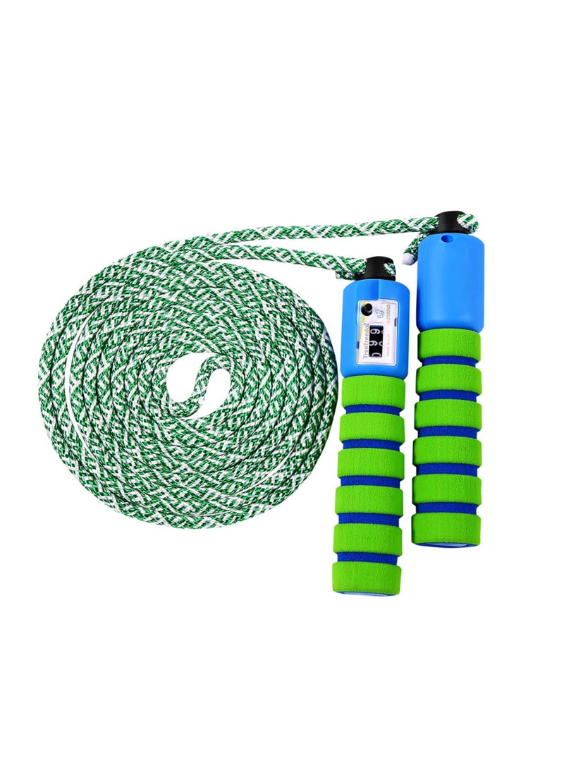KASTWAVE Skipping Rope for Children, Jump Rope Kids Adjustable with Counter and Comfortable Anti Slip Handles Gifts for Boys and Girls for Outdoor beginners students (Cotton Rope Green with Blue) - Image 1