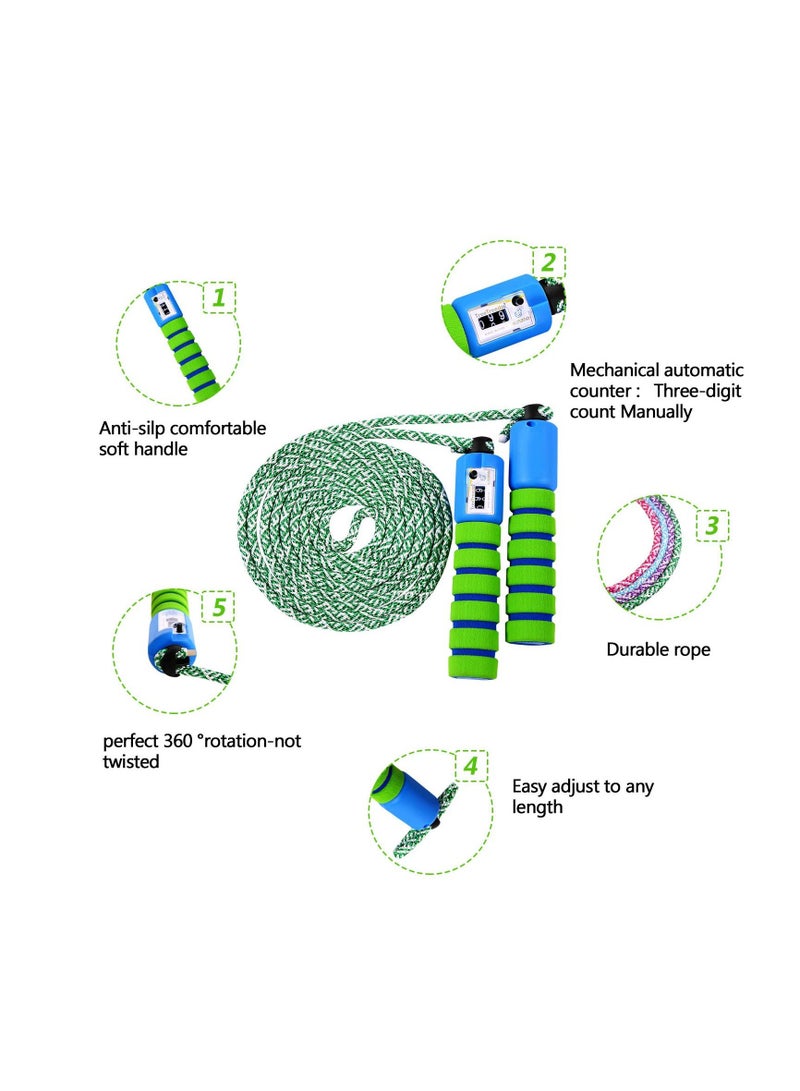 KASTWAVE Skipping Rope for Children, Jump Rope Kids Adjustable with Counter and Comfortable Anti Slip Handles Gifts for Boys and Girls for Outdoor beginners students (Cotton Rope Green with Blue) - Image 5
