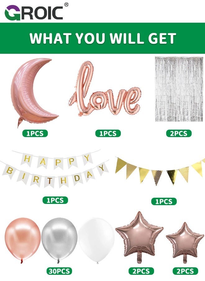 جرويك لوازم بالونات عيد ميلاد الحفلات ، زينة حفلة عيد ميلاد من الذهب الوردي ، لافتة عيد ميلاد سعيد ، ستارة هامش من الذهب الوردي ، بالونات قصاصات ورقية نجمية للنساء والفتيات حفلة عيد ميلاد الأميرة - Image 2
