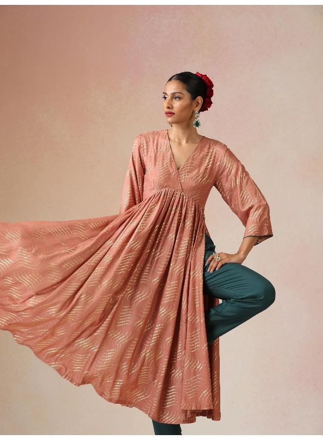 trueBrowns Peach Gold Foil Print Muslin Silk Anarkali High-Slit Kurta Set - Image 1