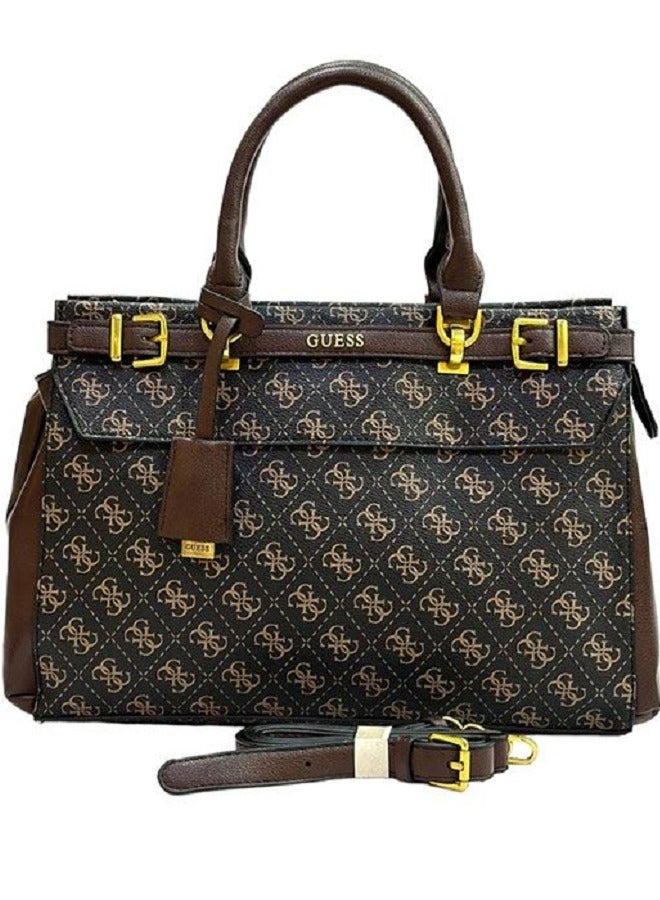 GUESS Sestri 4G logo Satchel Bagb Black Brown - Image 1