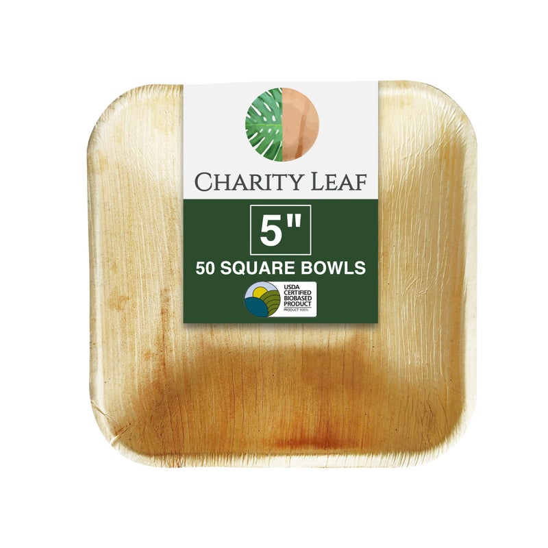 Charity Leaf Disposable Palm Leaf 5"" Square Bowl (50 pcs) Dipping Bowls | Bamboo Like| All Natural and Biodegradable | Charcuterie Boards  BBQs  and Parties - Image 1