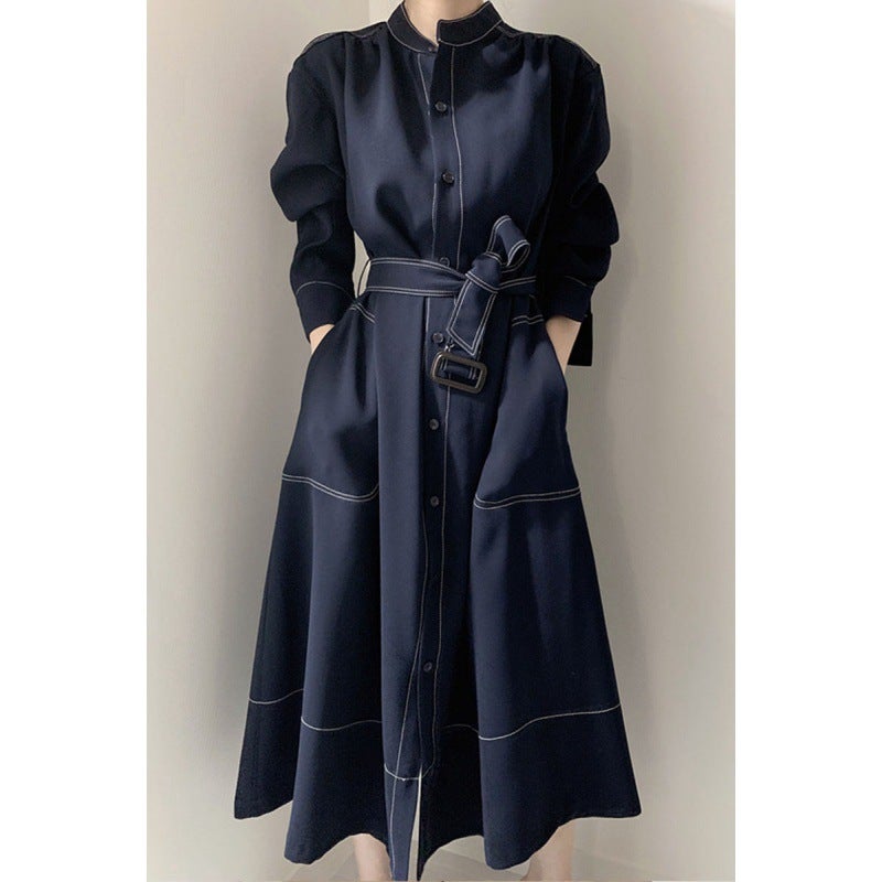 South Korea minimalist stand collar open-line single-breasted loose lace-up windbreaker dress dress Dark blue  - Image 1