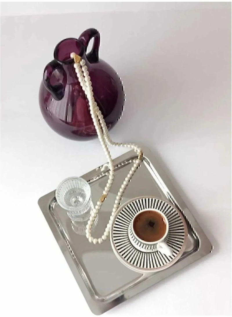 Octopus Bazaar 2 Pieces Luxury Square Stainless Steel Silver Color 21X21CM Coffee Serving Presentation Tray & Plate  - Image 4