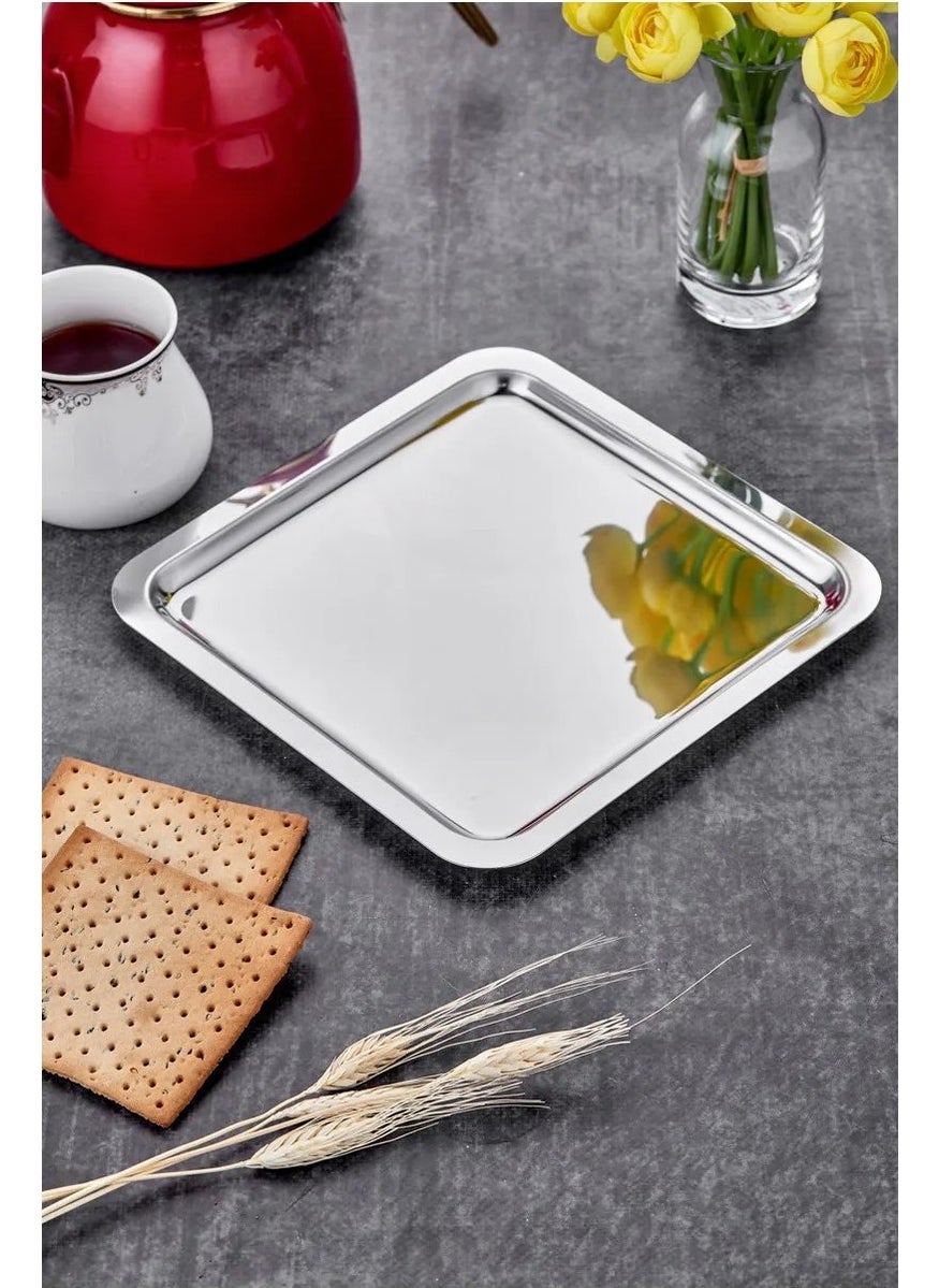 Octopus Bazaar 2 Pieces Luxury Square Stainless Steel Silver Color 21X21CM Coffee Serving Presentation Tray & Plate  - Image 2