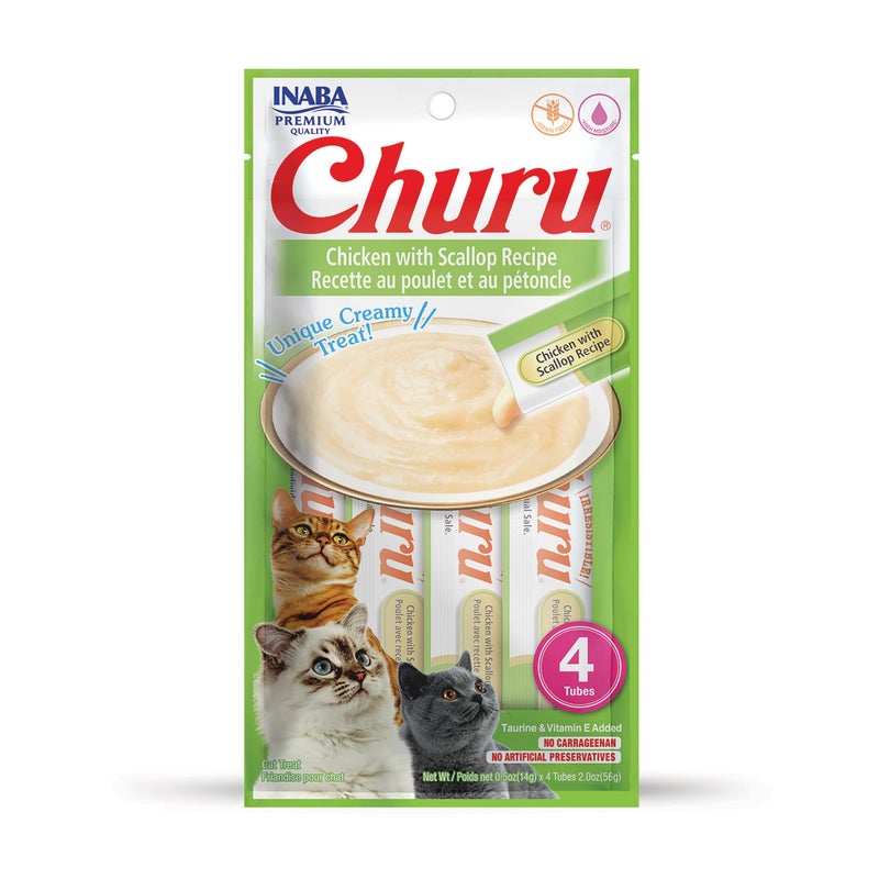 INABA Churu Cat Treats, Grain-Free, Lickable, Squeezable Creamy PurÃ©e Cat Treat/Topper with Vitamin E & Taurine, 0.5 Ounces Each Tube, 4 Tubes, Chicken with Scallop Recipe - Image 1