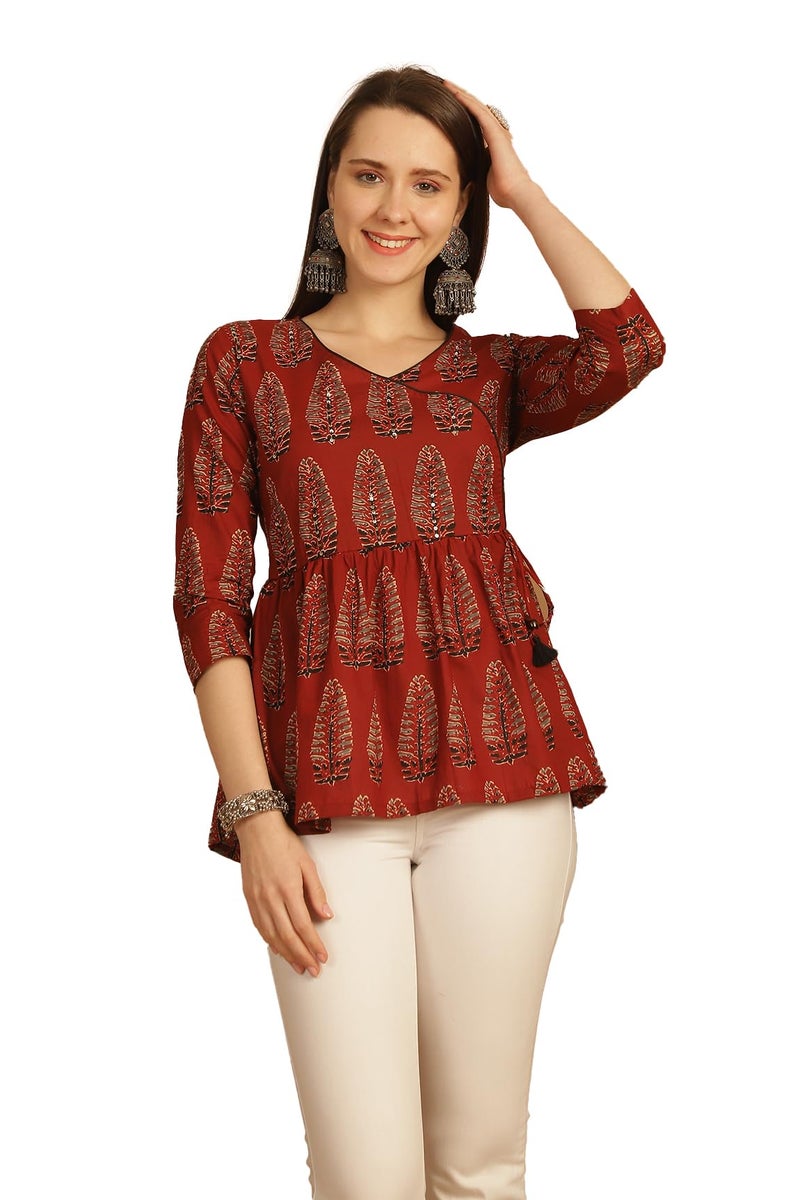 Rajnandini Women's Pure Cotton Block Printed Short Top (JOPLJPR747-S_Brown_S) - Image 1