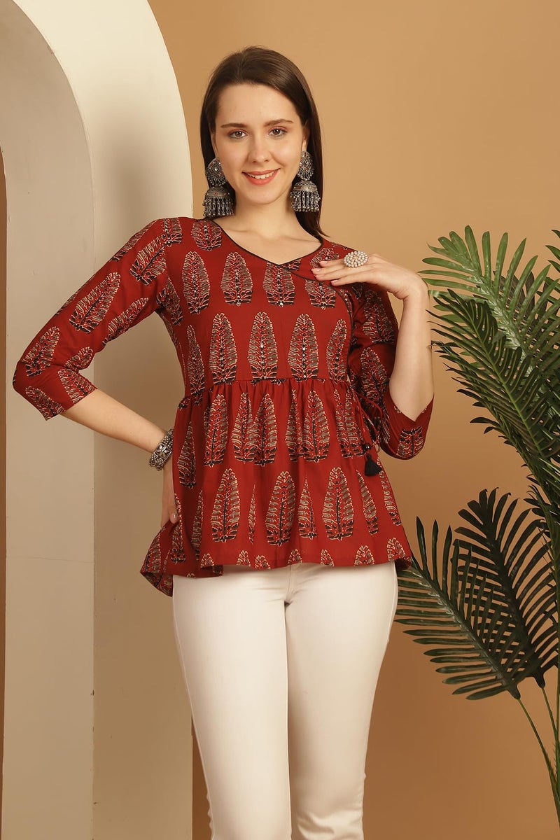 Rajnandini Women's Pure Cotton Block Printed Short Top (JOPLJPR747-S_Brown_S) - Image 5