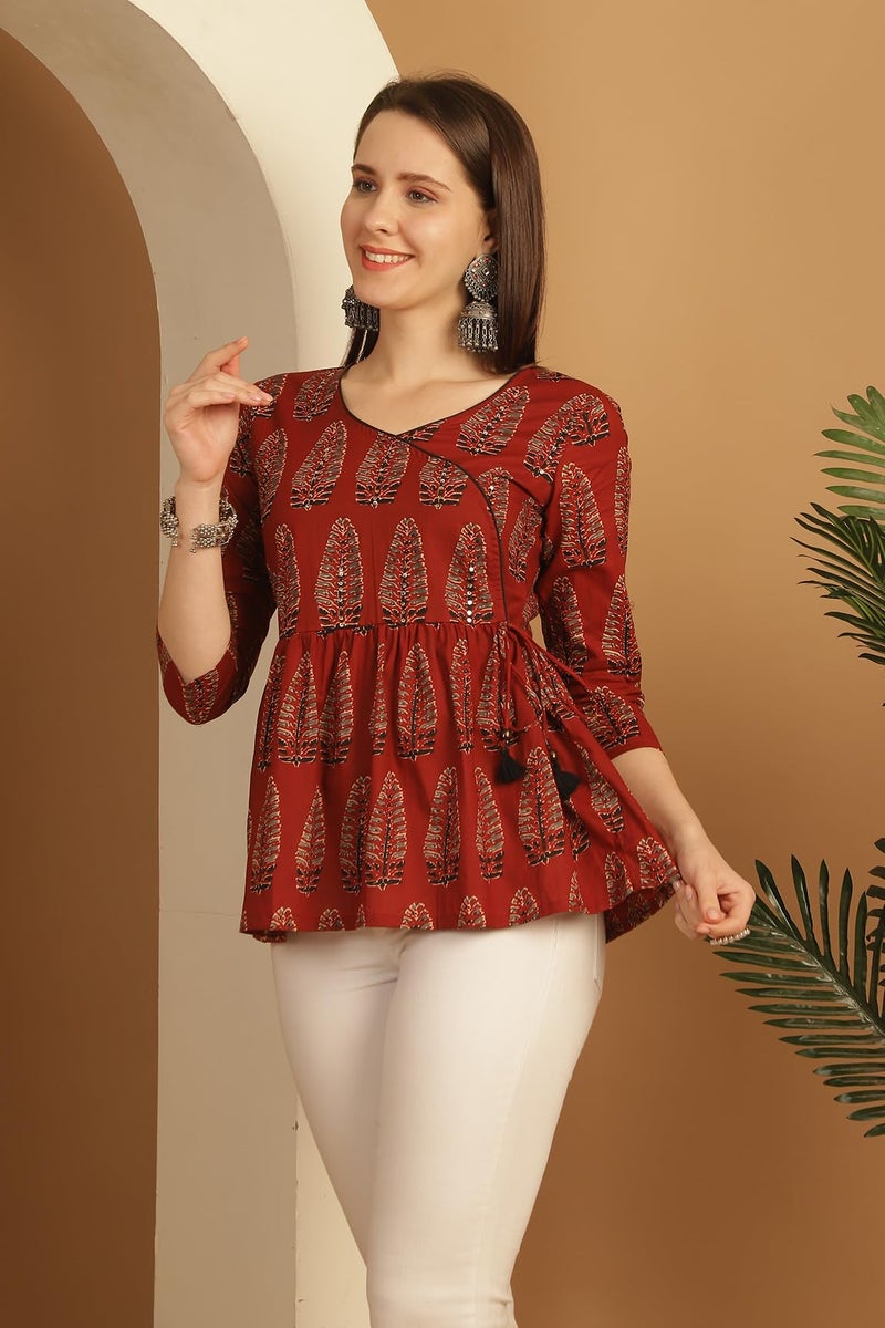 Rajnandini Women's Pure Cotton Block Printed Short Top (JOPLJPR747-S_Brown_S) - Image 3