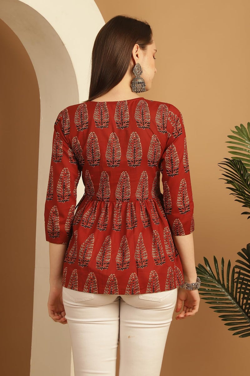 Rajnandini Women's Pure Cotton Block Printed Short Top (JOPLJPR747-S_Brown_S) - Image 2