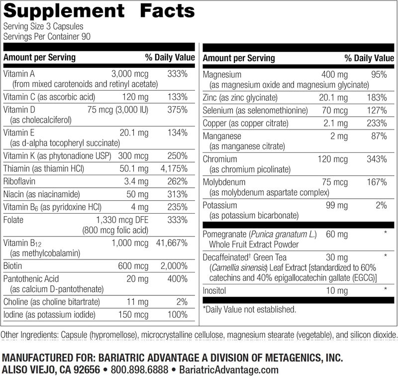 Bariatric Advantage Ultra Multi Without Iron  High Potency Multivitamin  for Surgery Patients with Calcium Vitamin C  More  270 Capsules - Image 2