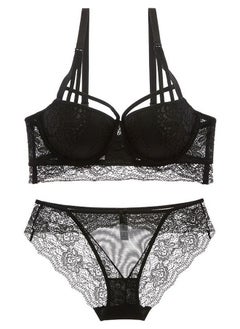 Comfy Solid Color Thick Cup Lace Bra And Panty Set Black