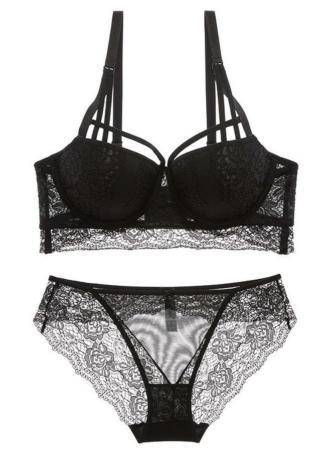 Loquat - Comfy Solid Color Thick Cup Lace Bra And Panty Set Black - Image 1
