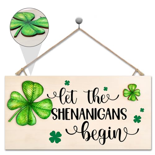 OEAGO St Patricks Day Decorations Wood Sign with Two 3D Leaves Let the Shenanigans Begin Hanging Wooden Decor Lucky Shamrock Signs for Outdoor Home Door Rustic Farmhouse Party Indoor Wall Art Plaque Gift - Image 1