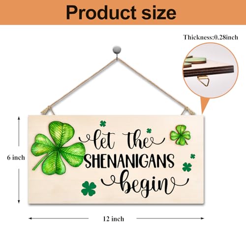 OEAGO St Patricks Day Decorations Wood Sign with Two 3D Leaves Let the Shenanigans Begin Hanging Wooden Decor Lucky Shamrock Signs for Outdoor Home Door Rustic Farmhouse Party Indoor Wall Art Plaque Gift - Image 2