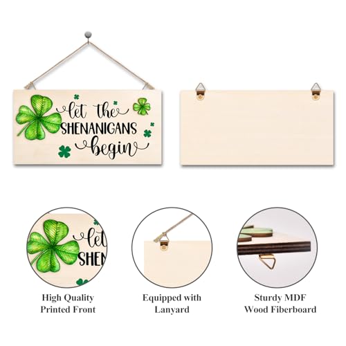 OEAGO St Patricks Day Decorations Wood Sign with Two 3D Leaves Let the Shenanigans Begin Hanging Wooden Decor Lucky Shamrock Signs for Outdoor Home Door Rustic Farmhouse Party Indoor Wall Art Plaque Gift - Image 4