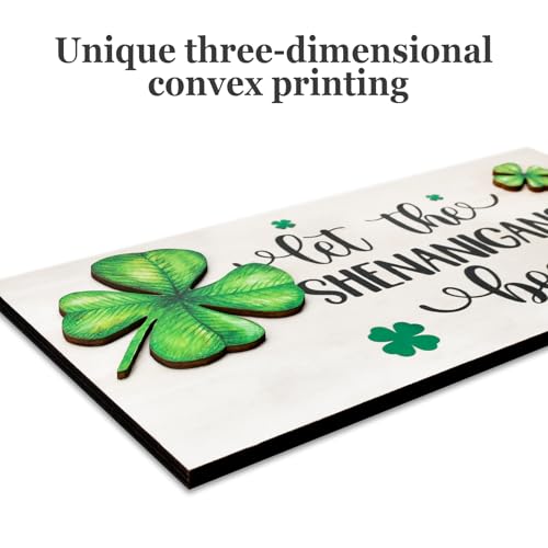 OEAGO St Patricks Day Decorations Wood Sign with Two 3D Leaves Let the Shenanigans Begin Hanging Wooden Decor Lucky Shamrock Signs for Outdoor Home Door Rustic Farmhouse Party Indoor Wall Art Plaque Gift - Image 3