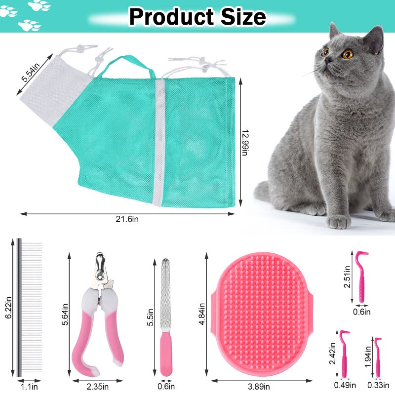 JULMELON Cat Washing Bag 10 PCS Set, Adjustable Cat Shower Net Bag and Pet Grooming Brush with Nail Clipper Nail File Hair Combs Tick Tool Nail Caps for Bathing Nail Trimming Examination(Pink+Green) - Image 2