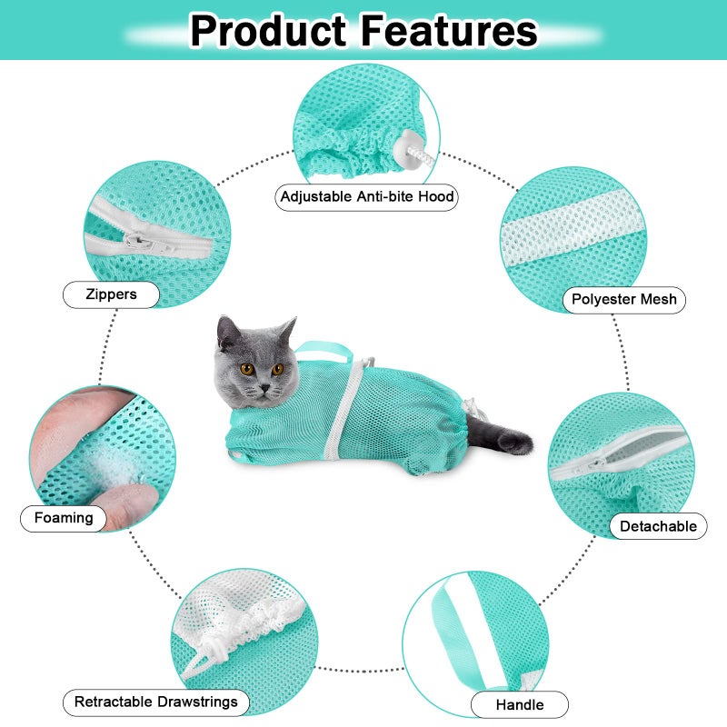 JULMELON Cat Washing Bag 10 PCS Set, Adjustable Cat Shower Net Bag and Pet Grooming Brush with Nail Clipper Nail File Hair Combs Tick Tool Nail Caps for Bathing Nail Trimming Examination(Pink+Green) - Image 3