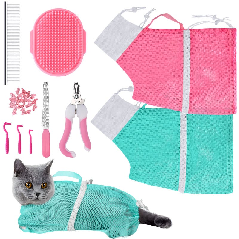 JULMELON Cat Washing Bag 10 PCS Set, Adjustable Cat Shower Net Bag and Pet Grooming Brush with Nail Clipper Nail File Hair Combs Tick Tool Nail Caps for Bathing Nail Trimming Examination(Pink+Green) - Image 1