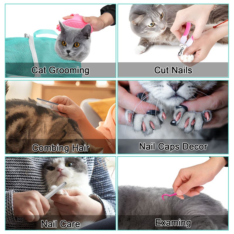 JULMELON Cat Washing Bag 10 PCS Set, Adjustable Cat Shower Net Bag and Pet Grooming Brush with Nail Clipper Nail File Hair Combs Tick Tool Nail Caps for Bathing Nail Trimming Examination(Pink+Green) - Image 4