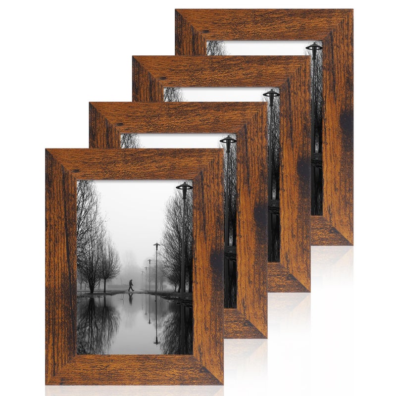 iRahmen 4x6 Picture Frame Set of 4, High Definition Glass 4 x 6 Frame, Wood Rustic Photo Frames for Horizontal or Vertical Display Tabletop and Wall Mounting - Image 1