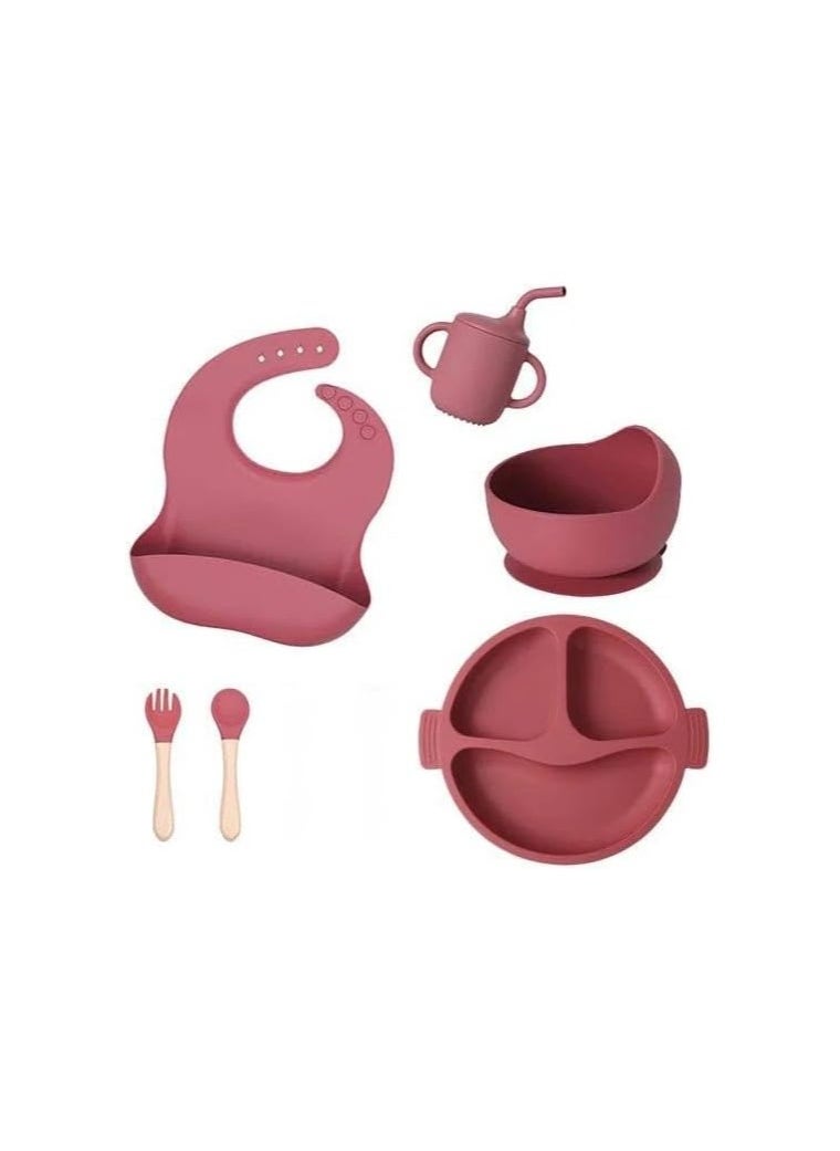 Generic Fantastic-Kids-Toys Silicone Toddler Dinnerware Set, BPA Free Toddler Plate Set with Bib, Divided Plate, Cup, Spoon, Fork, Bowl, 6-Piece Toddler Utensils for Girls and Boys (Maroon)  - Image 1