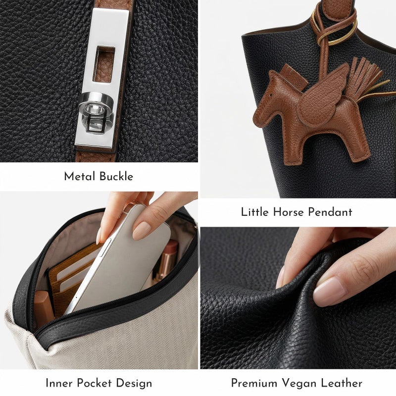Kadynow Tote Bag for Women Vegan Leather Bucket Purse for Women Top Handle Handbag Shoulder Bag with Detachable Small Purse Black Brown - Image 5