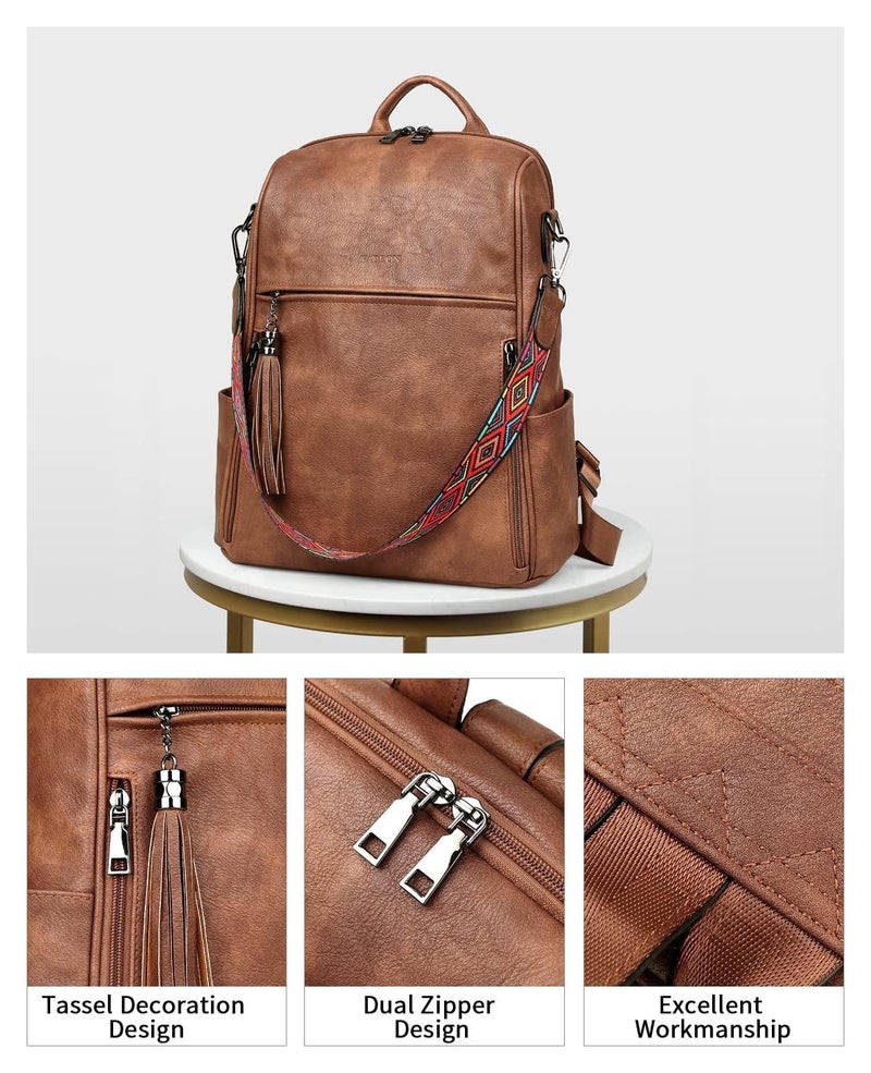 FADEON Leather Backpack Purse for Women Designer Travel Backpack Purses PU Fashion Ladies Shoulder Bag with Tassel Brown - Image 5
