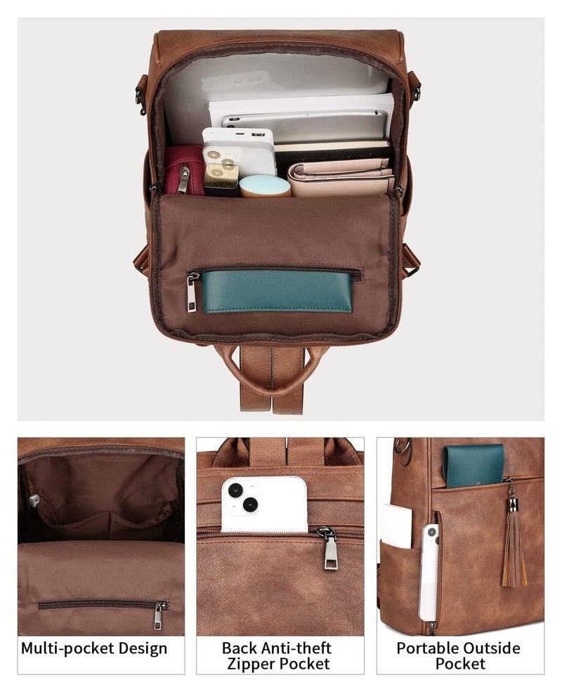 FADEON Leather Backpack Purse for Women Designer Travel Backpack Purses PU Fashion Ladies Shoulder Bag with Tassel Brown - Image 4