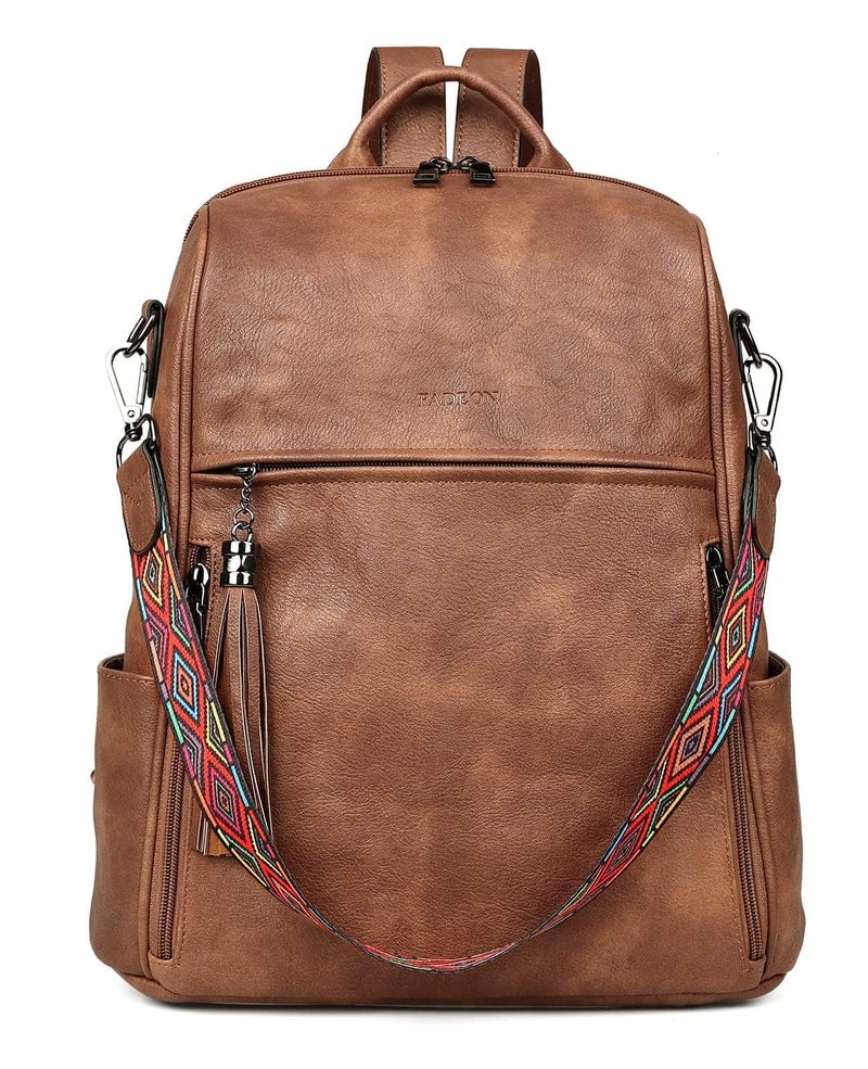 FADEON Leather Backpack Purse for Women Designer Travel Backpack Purses PU Fashion Ladies Shoulder Bag with Tassel Brown - Image 1