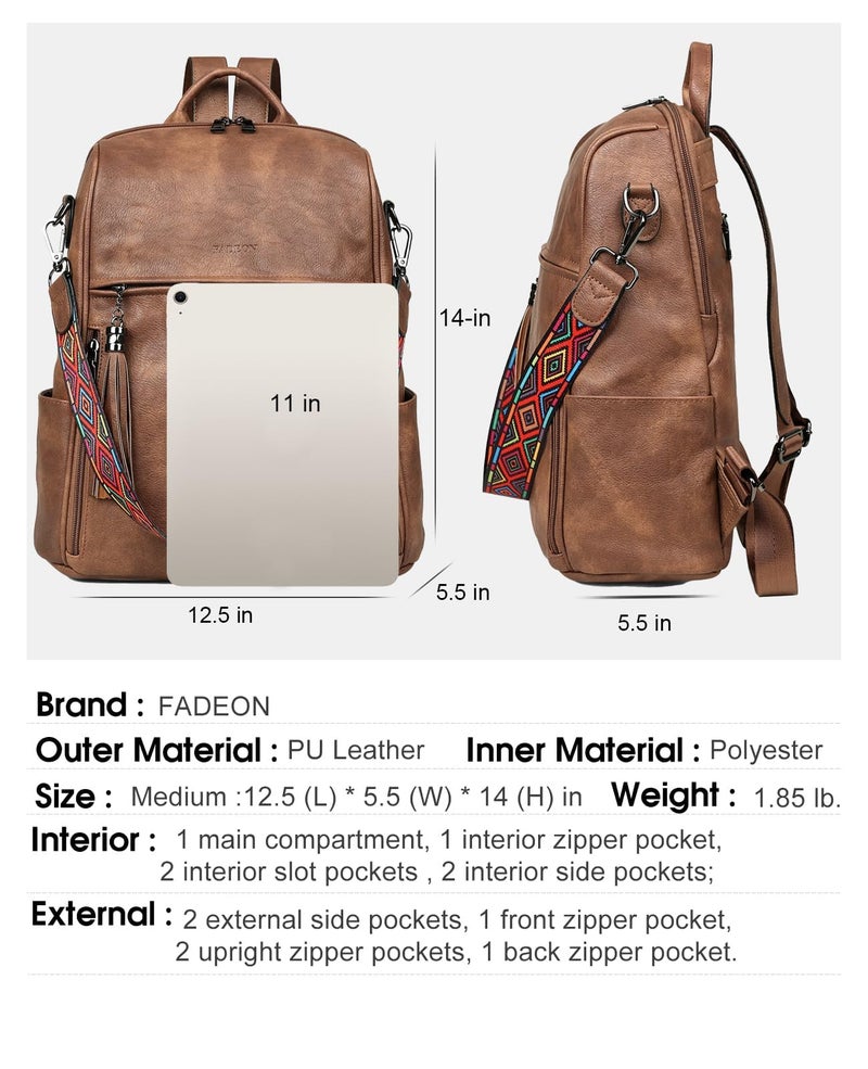 FADEON Leather Backpack Purse for Women Designer Travel Backpack Purses PU Fashion Ladies Shoulder Bag with Tassel Brown - Image 3