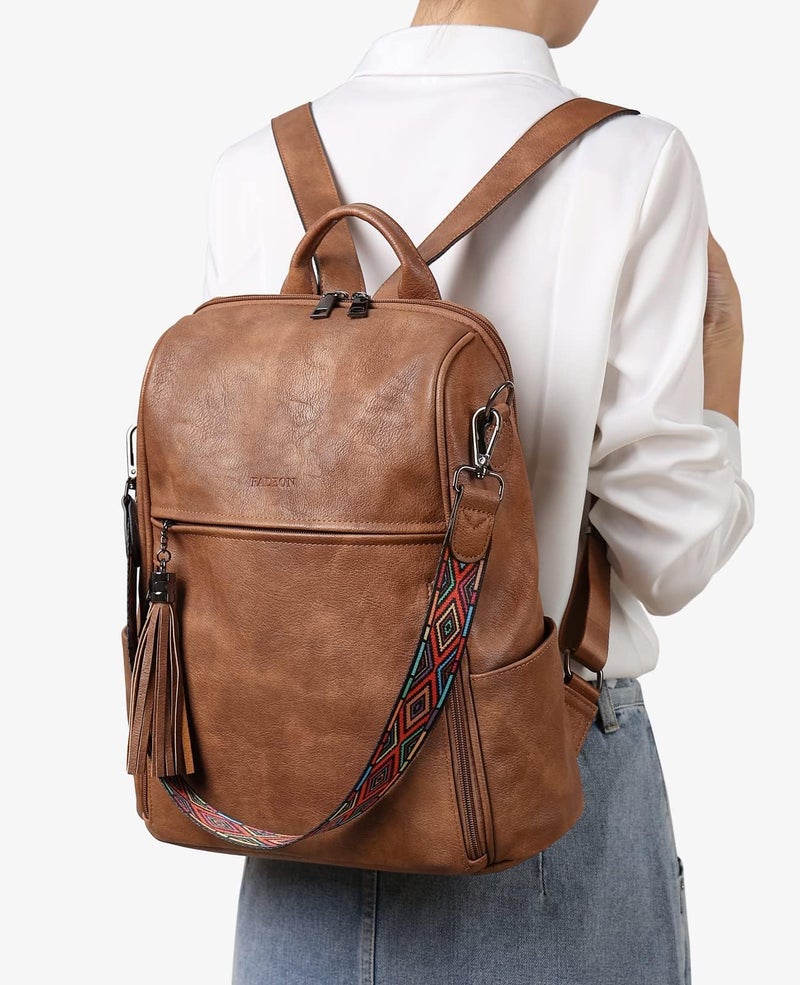 FADEON Leather Backpack Purse for Women Designer Travel Backpack Purses PU Fashion Ladies Shoulder Bag with Tassel Brown - Image 2