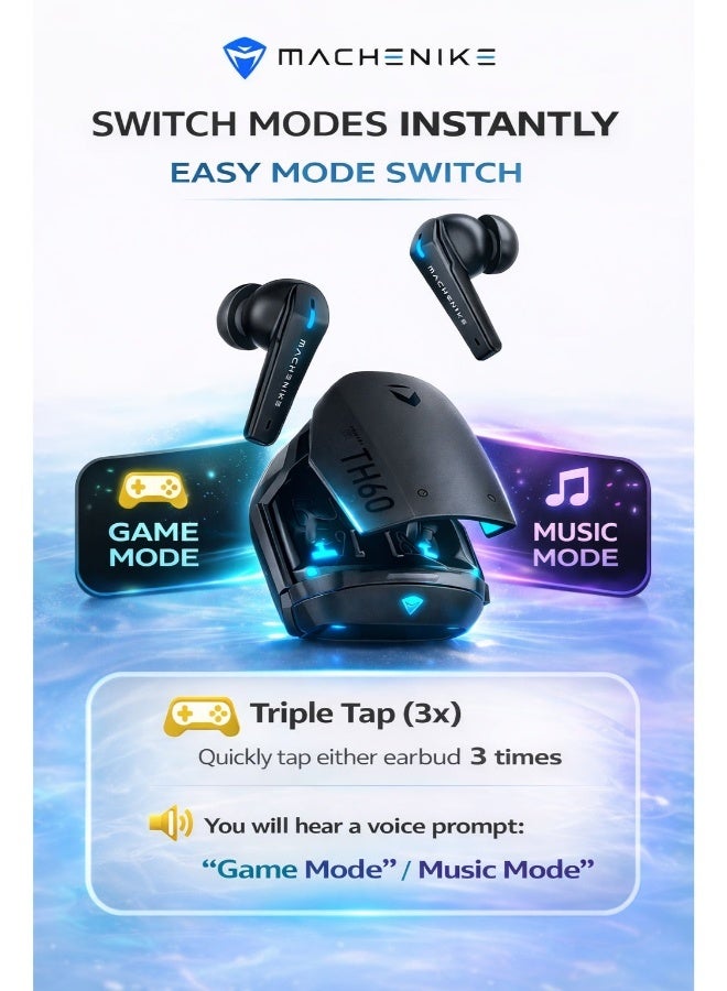Machenike TH60 Gaming Earbuds TWS Earphones Bluetooth 5.4 – Ultra Low Latency No Delay Wireless Gaming AirPods, Dual Sound Modes (Gaming & Music), ENC Microphone, Immersive Stereo Sound, IPX5 Water Resistant, Long Battery Life with Charging Case, USB-C Fast Charging, Earphones Bluetooth – Compatible with RedMagic, iPhone, iPad, Android, Samsung & Laptops - Image 3