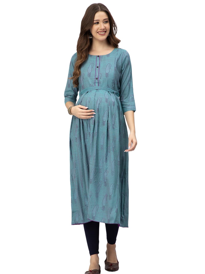 CEE 18 Women's Cotton Rayon A-Line Maternity Feeding Kurti with Zippers (10001_40_Blue) - Image 2