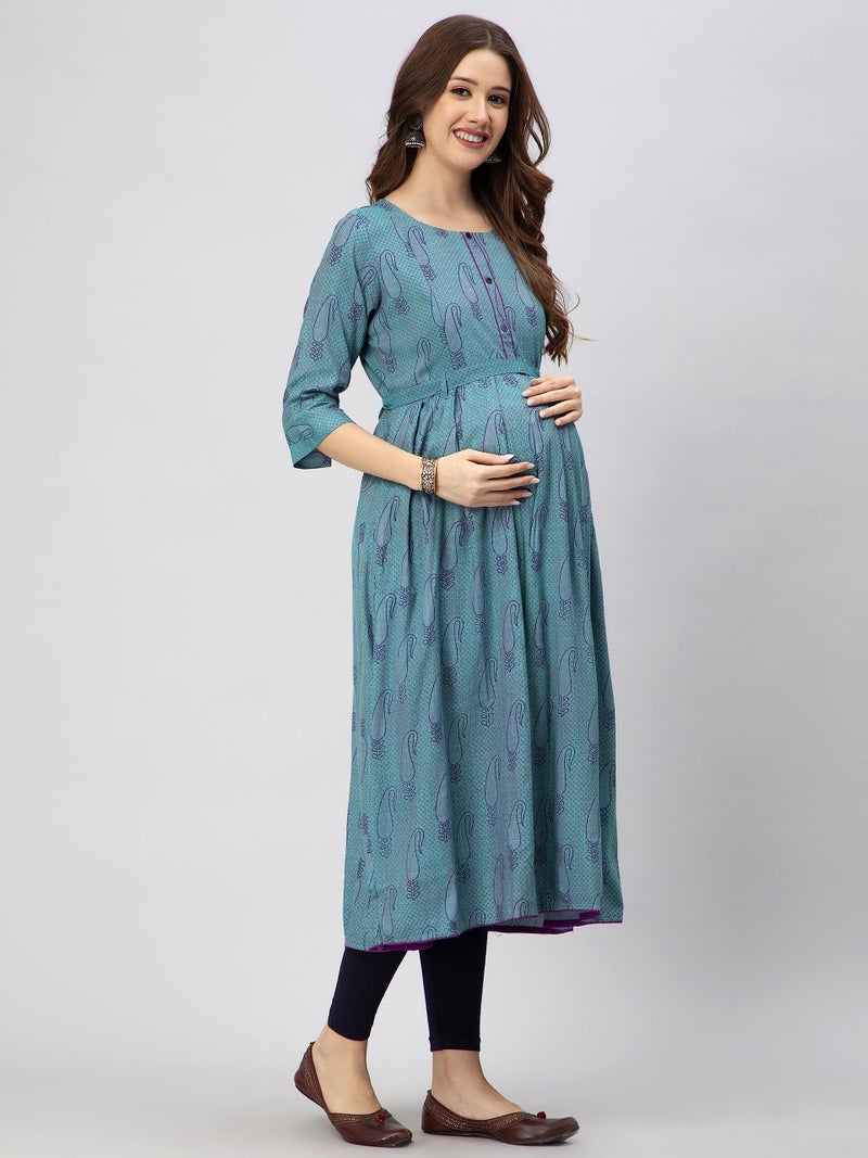 CEE 18 Women's Cotton Rayon A-Line Maternity Feeding Kurti with Zippers (10001_40_Blue) - Image 3