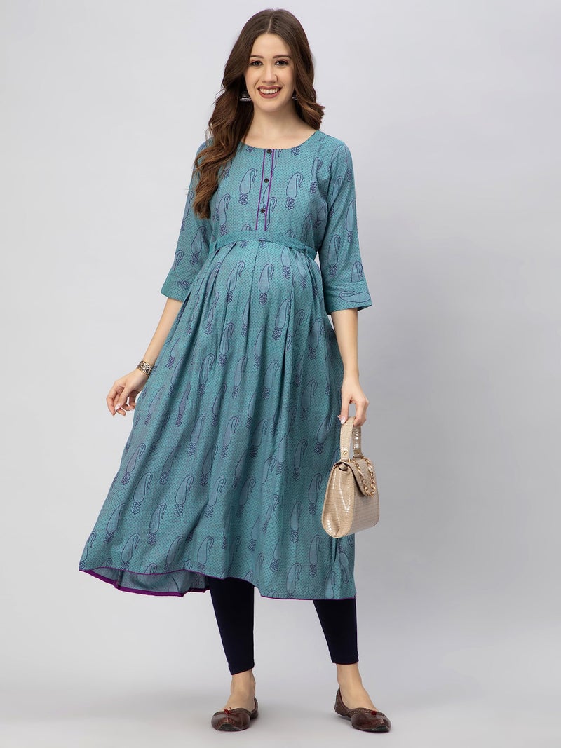CEE 18 Women's Cotton Rayon A-Line Maternity Feeding Kurti with Zippers (10001_40_Blue) - Image 4