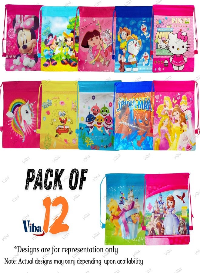 VIBA® Cartoon Drawstring Bags for Kids Birthday Return Gifts (Pack of 12) | Dori Sack Haversack | Reusable Goodie Bags for Boys & Girls | Mixed Designs Party Favor Bags (34.5 x 28 cm) - Image 2