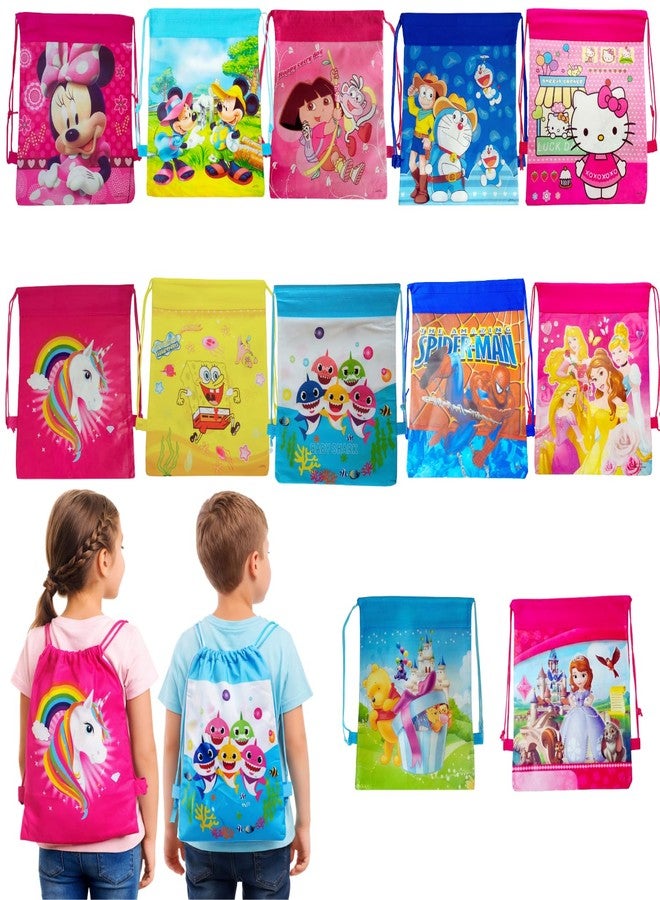 VIBA® Cartoon Drawstring Bags for Kids Birthday Return Gifts (Pack of 12) | Dori Sack Haversack | Reusable Goodie Bags for Boys & Girls | Mixed Designs Party Favor Bags (34.5 x 28 cm) - Image 1