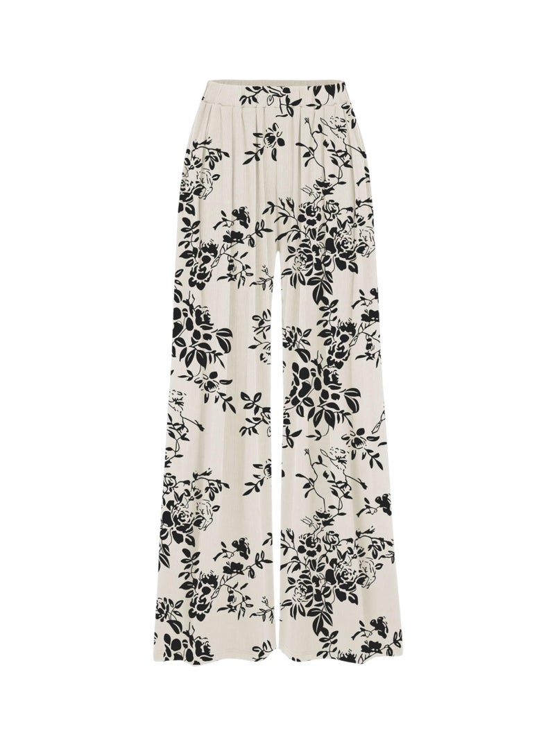 CIDER Palazzo Pants for Women Wide Leg Flowy Pants with Pockets Elastic Mid Waist Summer Beach Vacation Outfits Lightweight Ivory - Image 1