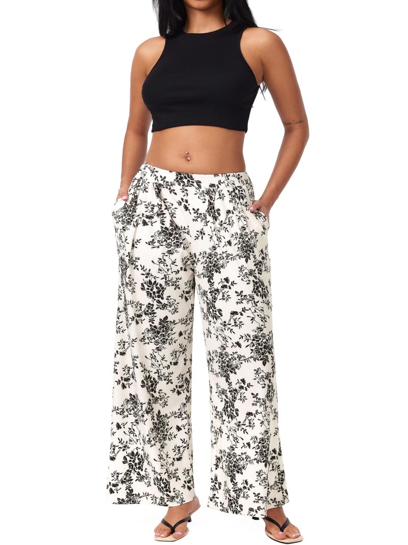 CIDER Palazzo Pants for Women Wide Leg Flowy Pants with Pockets Elastic Mid Waist Summer Beach Vacation Outfits Lightweight Ivory - Image 5