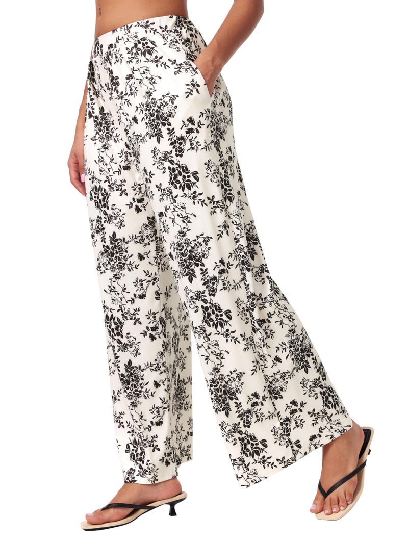 CIDER Palazzo Pants for Women Wide Leg Flowy Pants with Pockets Elastic Mid Waist Summer Beach Vacation Outfits Lightweight Ivory - Image 2