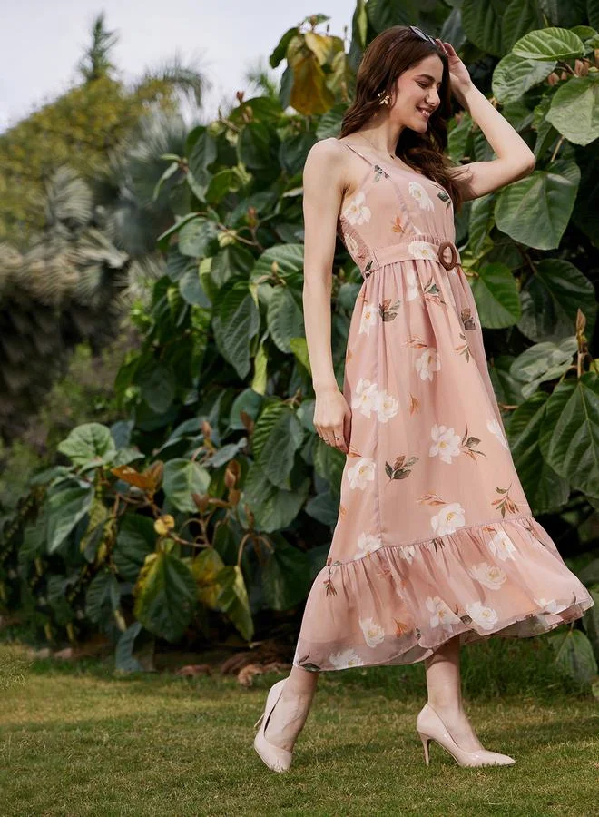 SASSAFRAS Floral Print Belted Strappy Midi Dress by Styli