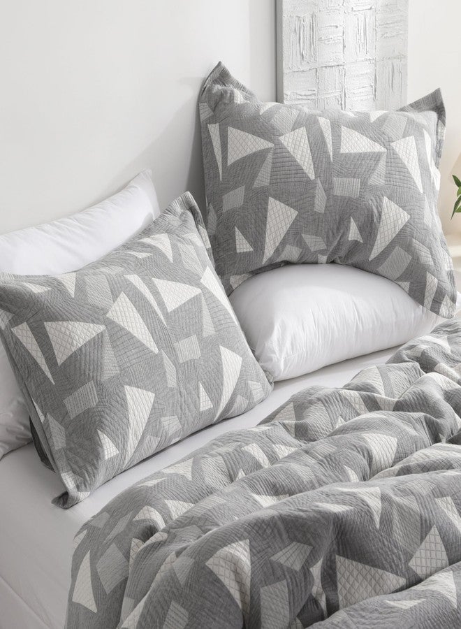 NTBAY Cotton Standard Pillow Shams, 3 Layer Muslin Breathable Soft Thermal Yarn Dyed Sham Covers, 2 Pack 20x26 Oxford Pillowcases with Envelope Closure, Grey Triangle - Image 1