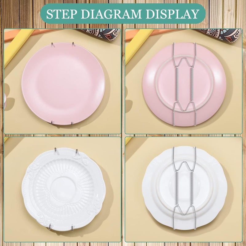 Hotop 12 Pieces Plate Hangers for Wall Stainless Steel Wire Invisible Heavy Duty Plate Hangers Display Holders with 12 Pieces Hooks for Wall Decorative(4-5 Inch,Silver) - Image 4