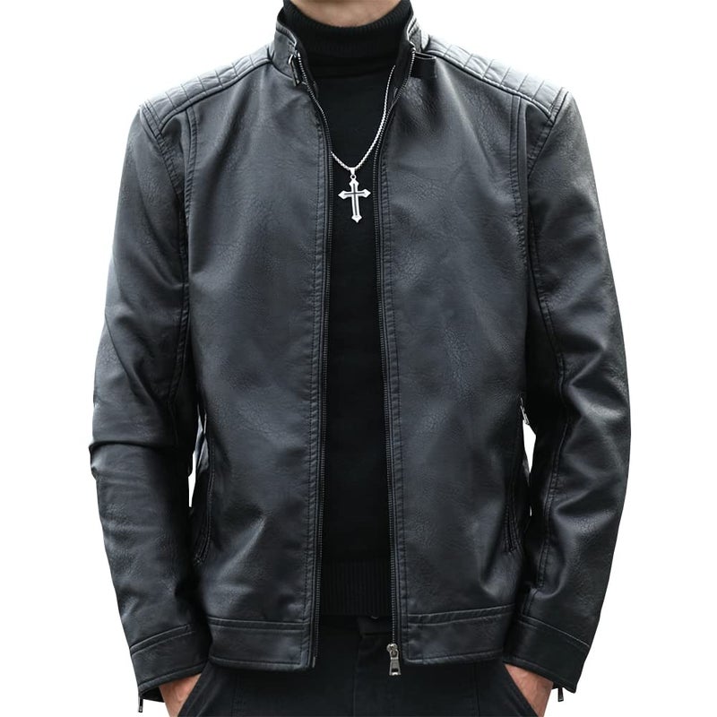 Womleys Mens Casual Stand Collar Faux Leather Jacket Biker Motorcycle Jackets Black Medium - Image 2