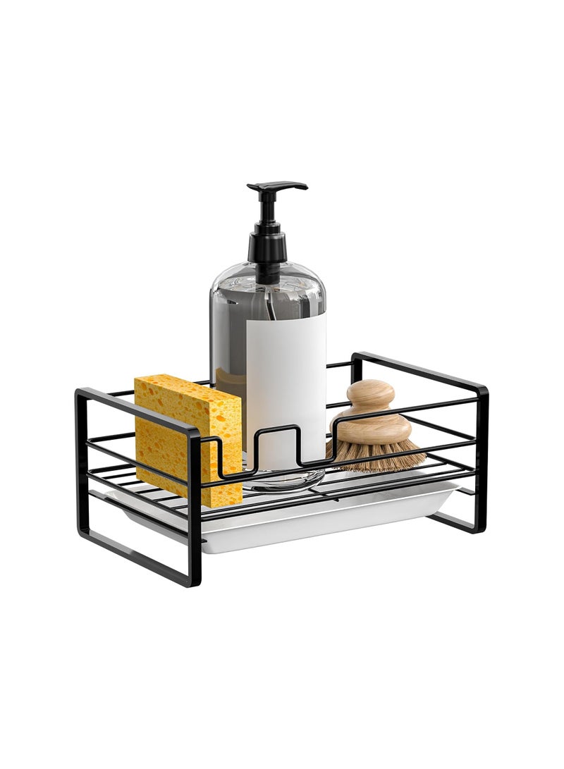 KASTWAVE Stainless Steel Sponge Holder for Kitchen Sink, Black Kitchen Bathroom Sink Organizer with Removable Drain Tray, Sink Tray Drainer Rack for Soap & Brush Organizer Storage - Image 1