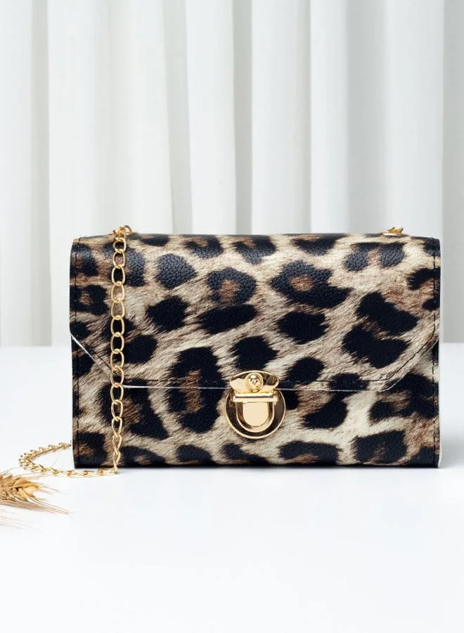 Styli Leopard Print Push Lock Wallet with Chain Strap